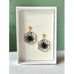 Earrings with real Queen Anne’s Lace (hexagon, golden)