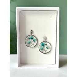 Earrings with real Babys Breath (colored blue, oval, silver)